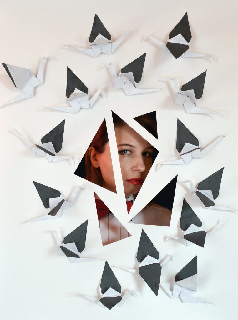 Collage of photography fragments among paper cranes